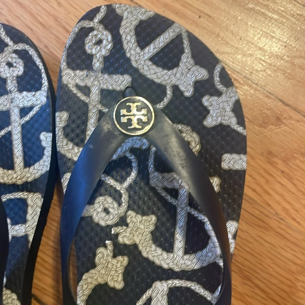 Tory Burch Black Anchor Print Flip Flops